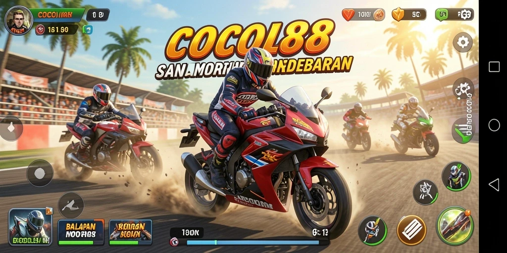 Tampilan seru gameplay COCOL88 saat balapan motor.