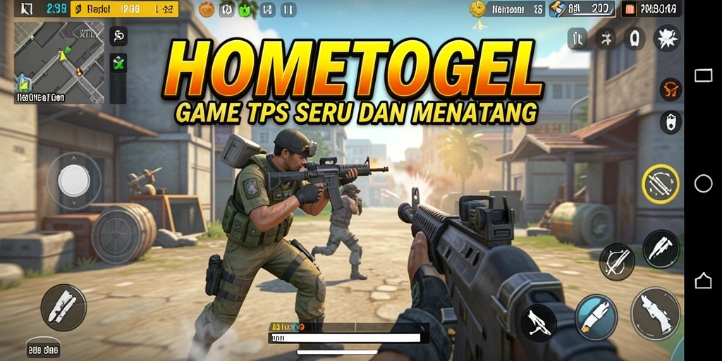 Screenshot HOMETOGEL menampilkan aksi pertempuran menegangkan di arena TPS.