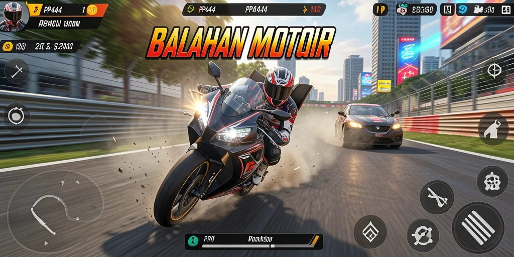 Tangkapan layar PP444 yang menampilkan aksi balap motor yang seru.